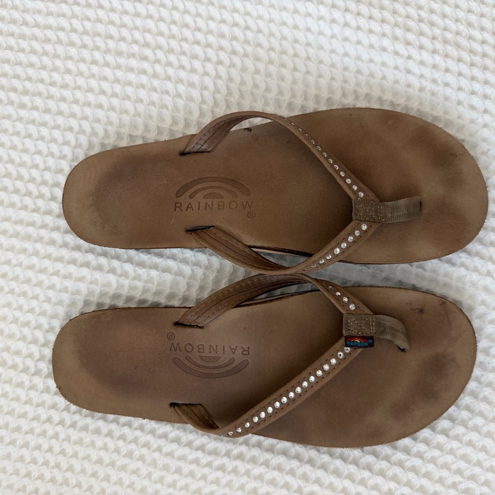 Rainbow Tan Sandals with Rhinestone Accents